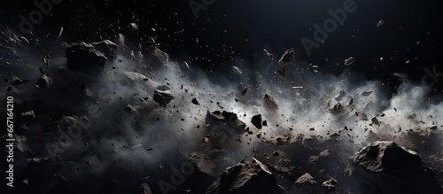 Artificial Intelligence rendered debris with dust on black background