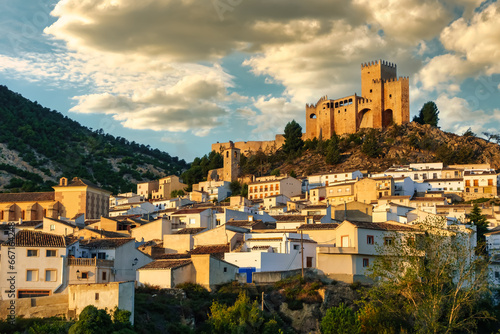 Fototapeta White village of Velez Blanco at dawn with its hilltop castle dominating the surroundings, Andalusia