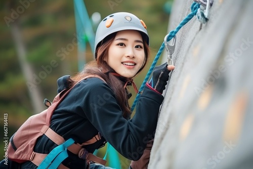 Asian sportswoman exercises climbing on climbing wall