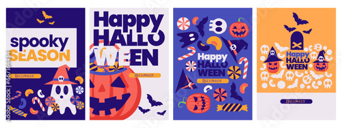 Happy Halloween party poster set. Drawing placards with old mansion, graveyard, candies and scary pumpkin. Art cover horror night. October 31 holiday evening promotional artwork. Typography eps print