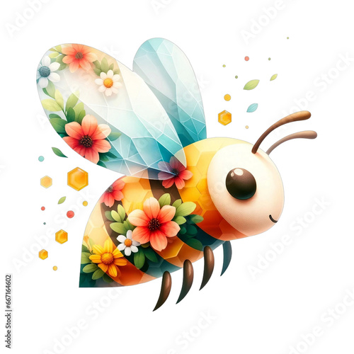 Artistic representation of a bee using watercolor effects  surrounded by beautiful flowers. Unique designs with Double Exposure and Low Poly styles capturing nature s beauty.