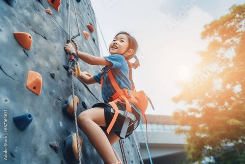 Asian sportswoman exercises climbing on climbing wall © A Denny Syahputra