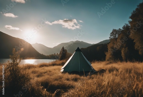 Outdoor camping photo tent in the middle of nature beautiful landscape natural protected area image