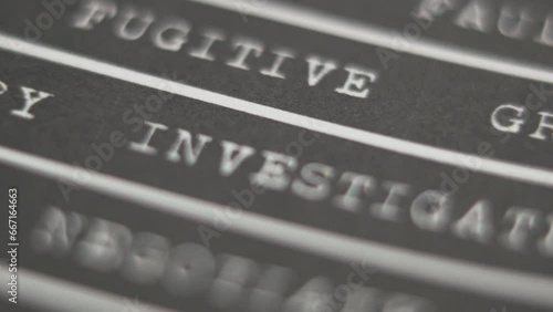 Words of investigate criminal fingerprint denial detain murder case Macro Shot