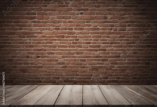 Rustic Exposed Brick Wall with Worn Farmhouse Table Minimalist Product Backdrop Background Neutral 