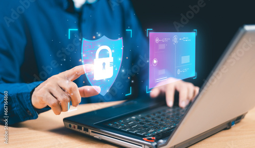 Cybersecurity system concept, Digital Global network security technology process, business data document file protect privacy information, cyber firewall, computer software safety hacker threat
