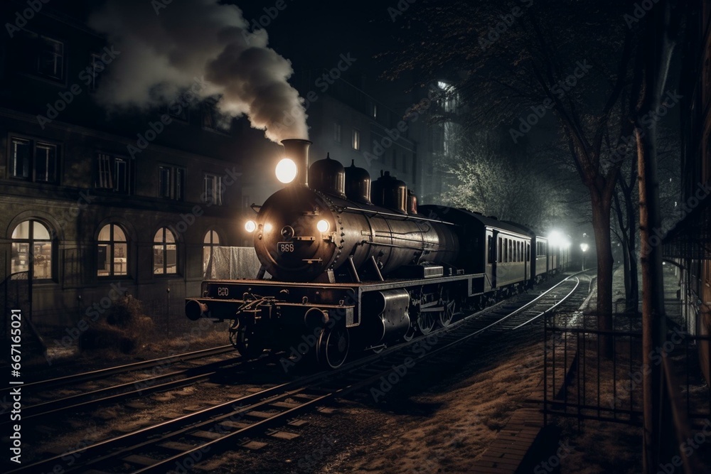 Nighttime scene of a steam train in a city. Generative AI
