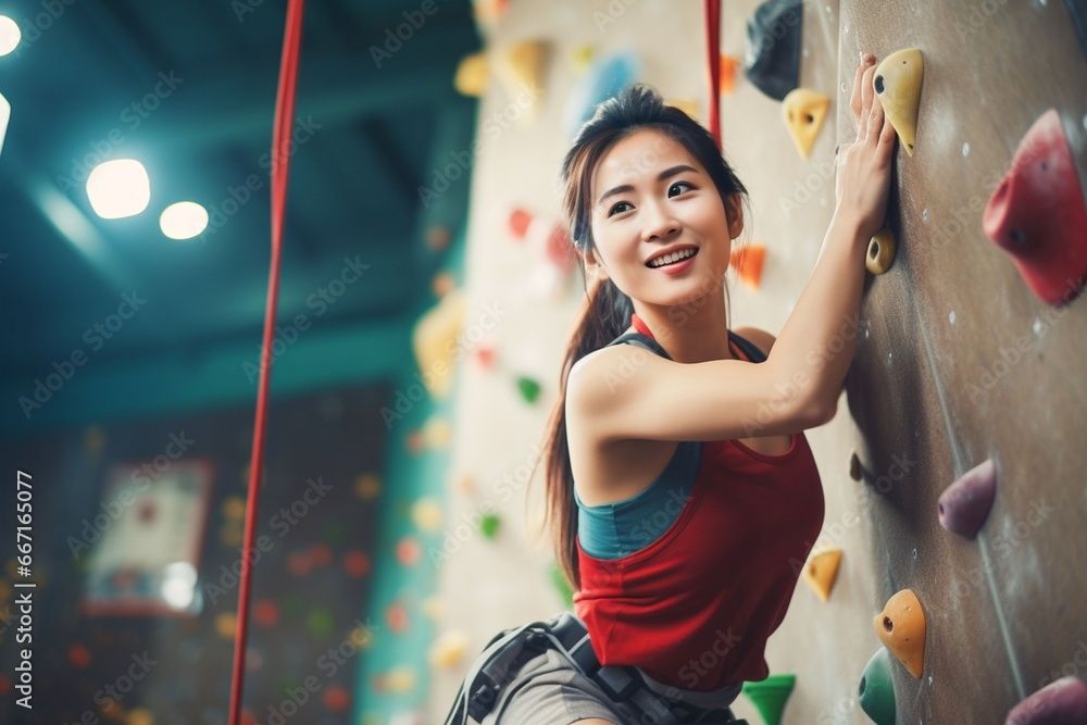 Asian sportswoman exercises climbing on climbing wall