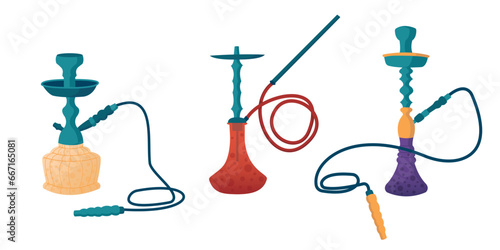 Set of Hookah illustrations in flat style isolated on white background. Lounge bar and smoke shop icons, hookah club and house emblems vector. Instrument for vaporizing and smoking flavored tobacco