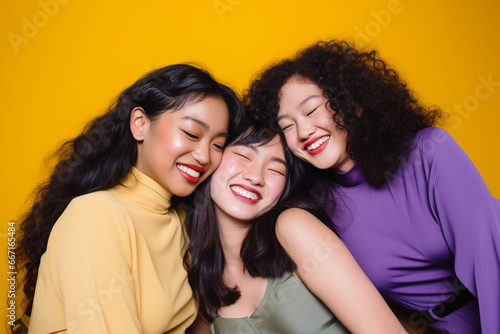 A diverse group of young women is captured in a joyful and vibrant photo, radiating happiness with a warm yellow tone. Generative AI.