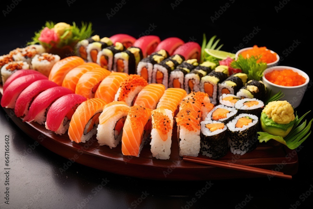 a platter of sushi with chopsticks and sauces. generative ai a platter of sushi with chopsticks and sauces. generative ai