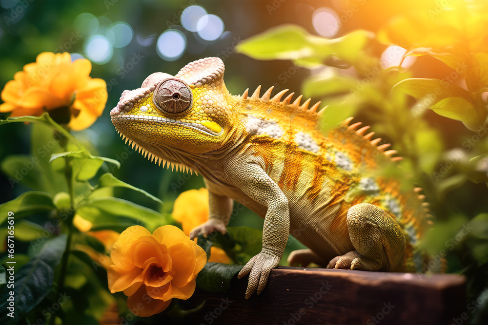 chameleon with flowers on background