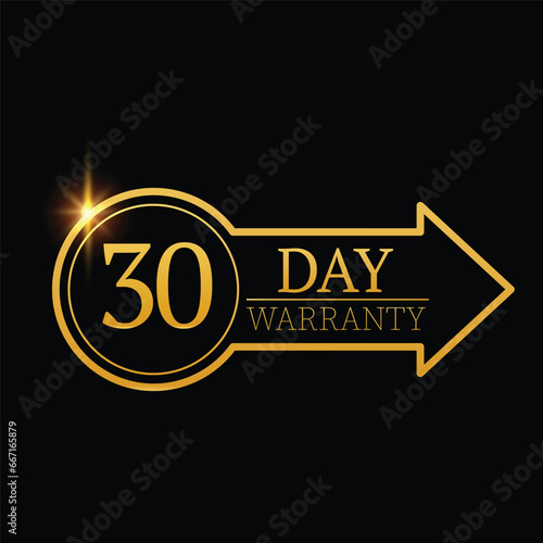 30 day warranty logo with golden shield and golden ribbon.Vector illustration.