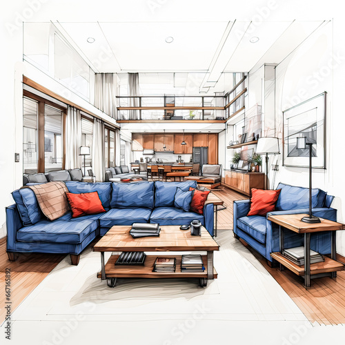 Watercolor sketch captures an American modern style living room's interior design