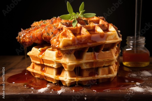  a stack of waffles covered in syrup and syrup. generative ai