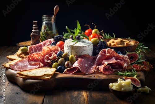  a platter of meats, cheeses, breads, and fruit. generative ai