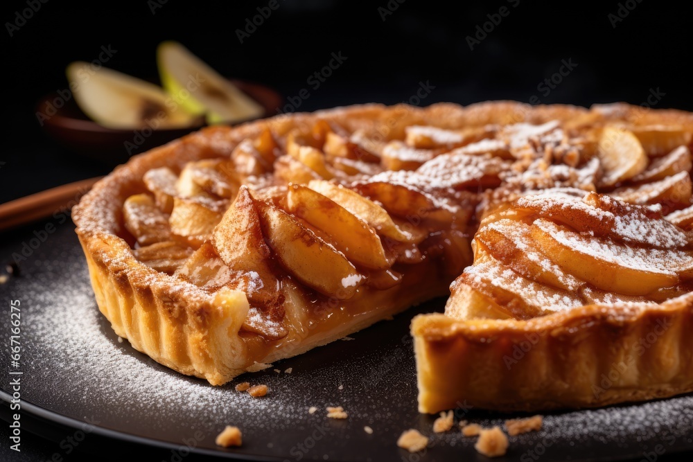 a pie with a slice cut out of it on a plate. generative ai a pie with a slice cut out of it on a plate. generative ai
