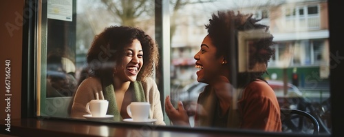 Friends engage in talking with laughter drinking champagne at cafe. African American women share good conversation with laughter over champagne. Lesbian couple find joy in chatting and laughing