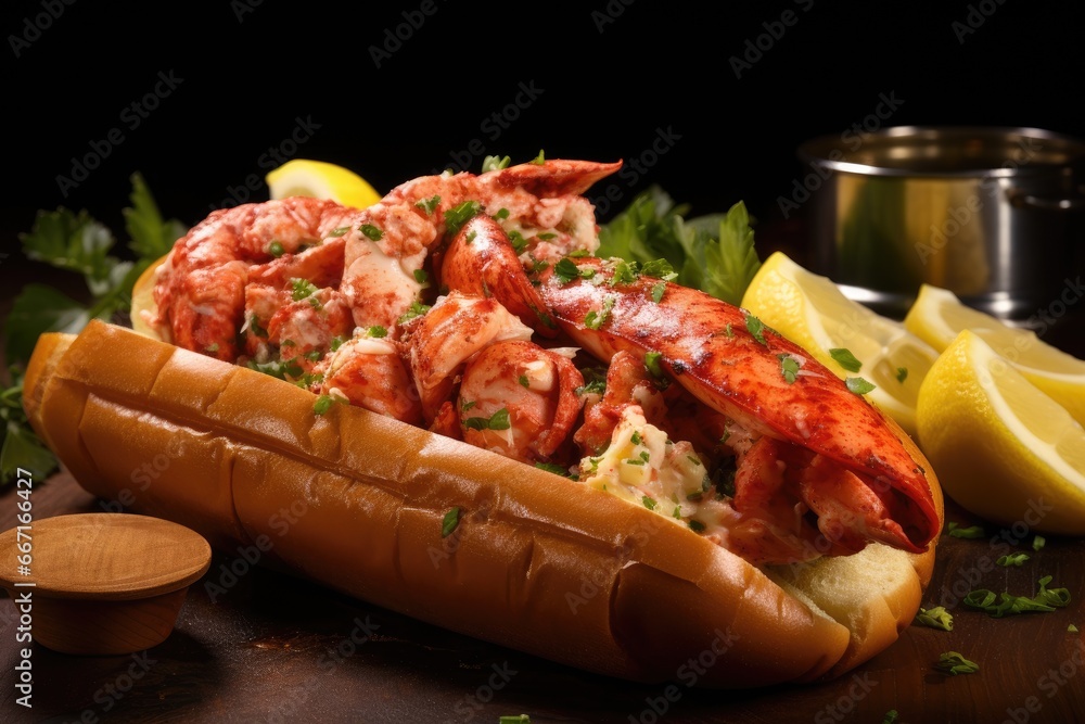 a hot dog on a bun with lobsters and lemon wedges. generative ai a hot dog on a bun with lobsters and lemon wedges. generative ai