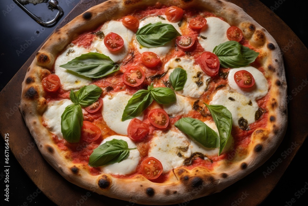  a pizza with tomatoes, basil, mozzarella and cheese.  generative ai