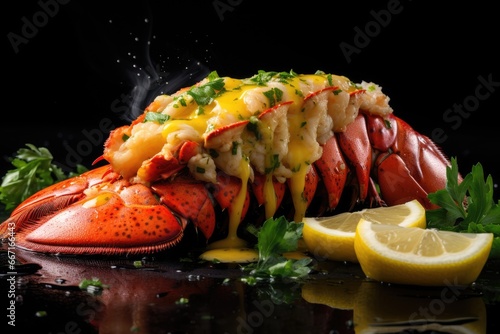  a cooked lobster with lemon wedges and parsley on the side. generative ai