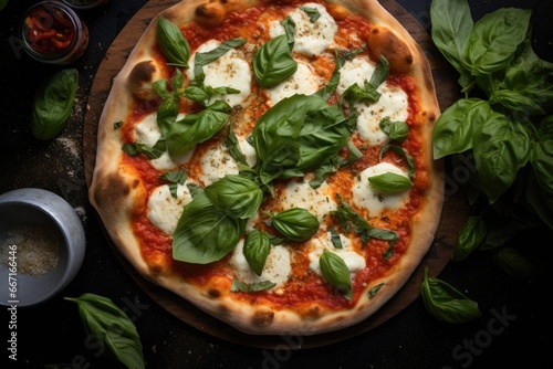  a pizza with basil leaves and mozzarella on it. generative ai
