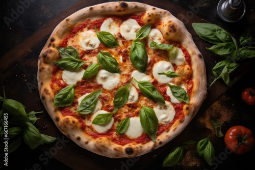  a pizza with basil leaves and mozzarella on it. generative ai