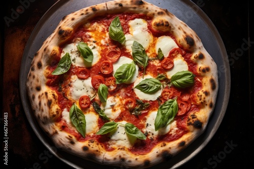  a pizza with cheese, tomatoes and basil on a pan. generative ai