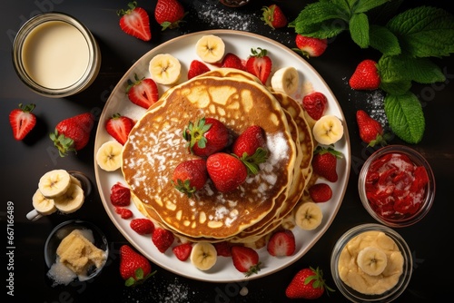  a plate of pancakes with strawberries and bananas on it.  generative ai