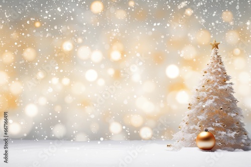 Golden holiday dreams. Tree christmas background. Frosty elegance. Celebration xmas in white and gold. Magical lights. Festive abstract. Winter glistening beauty