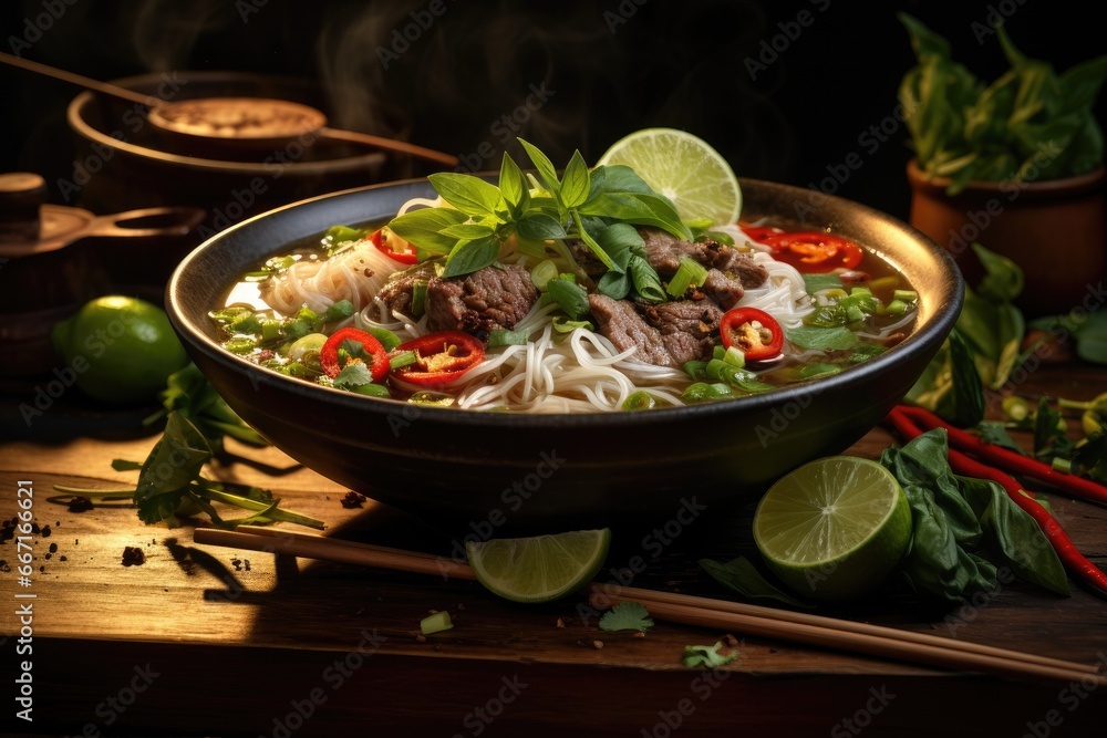 a bowl of noodles with meat, vegetables, and herbs. generative ai a bowl of noodles with meat, vegetables, and herbs. generative ai
