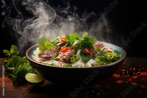  a bowl of noodles with meat and vegetables on a table. generative ai