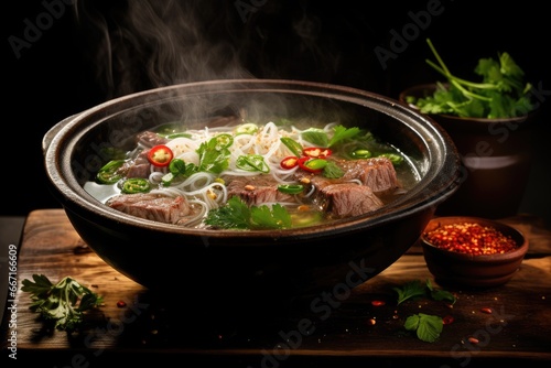  a bowl of beef noodle soup on a wooden table. generative ai
