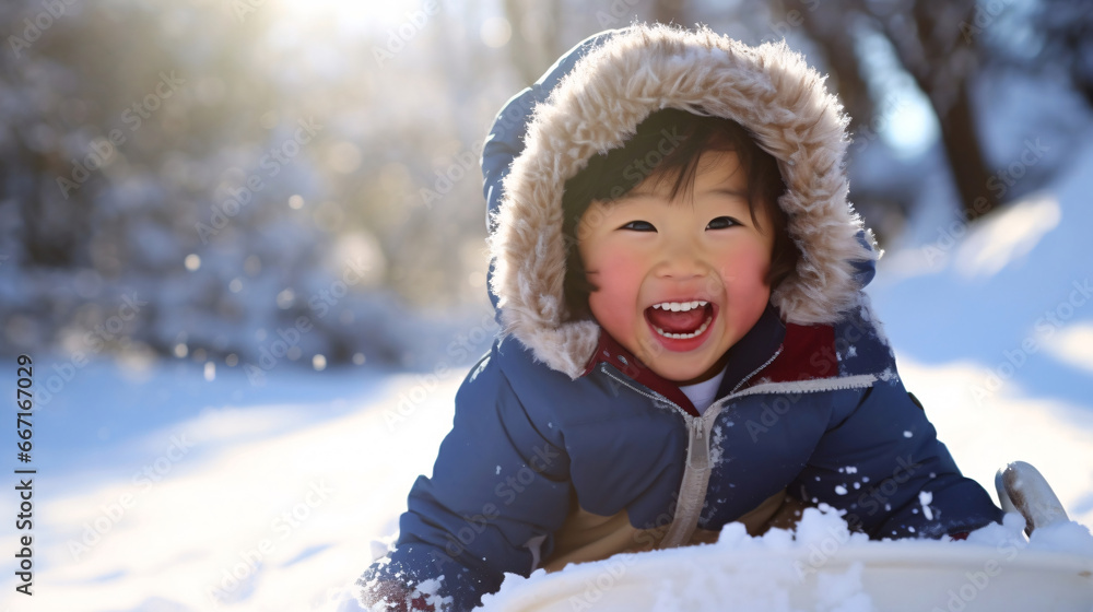 冬と子ども、そりで雪遊びする日本人の幼児 StockFoto Adobe Stock