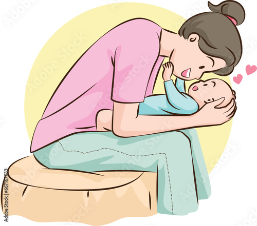 
A woman is lovingly teasing her child. smiling face Happy baby on mother's lap, young mother Family support flat vector illustration.