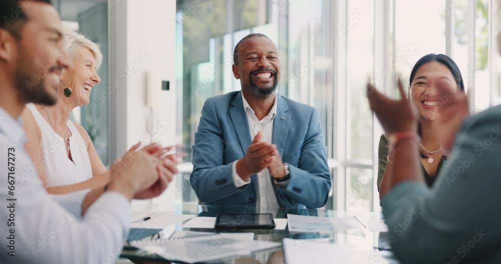 Business people, handshake and applause for meeting, partnership or employee promotion at the office. Businessman shaking hands in b2b, deal or teamwork success and clapping for onboarding agreement