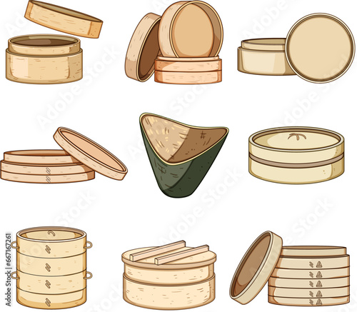 bamboo steamer set cartoon. chinese steam, container basket, traditional oriental bamboo steamer sign. isolated symbol vector illustration