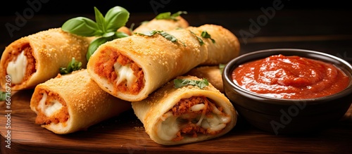 Cheesy homemade pizza roll appetizers with tomato sauce