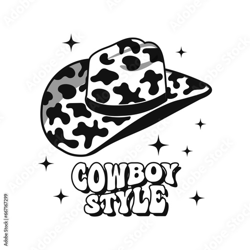 Black and white cowboy hat with cow print. Western cowboy hat and cowboy style text. Illustration. Vector