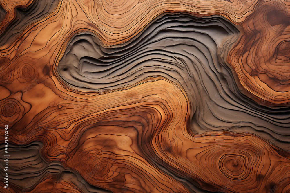 Nature-Inspired textures: Organic wood surface with wavy texture patterns and earth color palette with gradients and erosion. Scandinavian interior design concept.