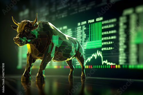 Bull with background of uptrend stock market. Concept of bullish market. AI generative © May Thawtar