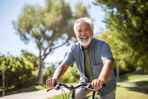 Cheerful senior man having riding bicycle at park. AI generative