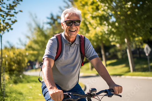 Cheerful senior man having riding bicycle at park. AI generative © May Thawtar