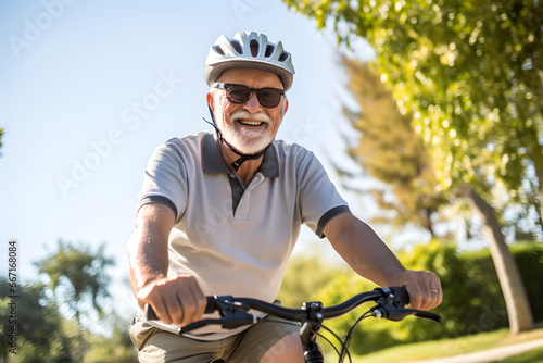 Cheerful senior man having riding bicycle at park. AI generative © May Thawtar