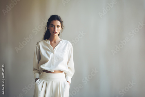 Young brunette caucasian woman in stylish luxury clothes