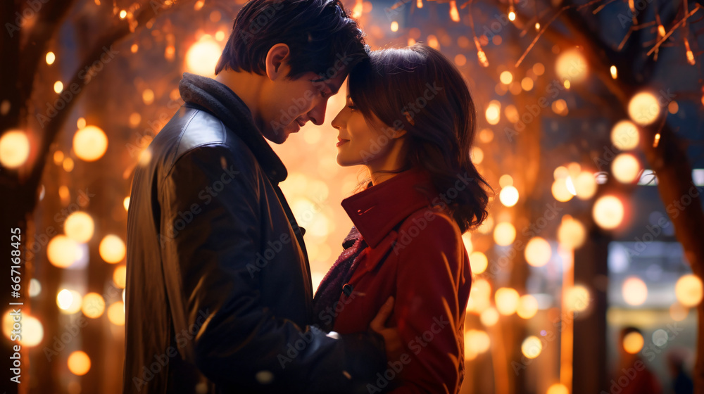 冬の夜のデート、日本人の男性と女性のカップル 冬の夜のデート、日本人の男性と女性のカップル