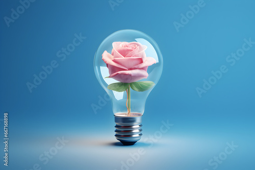 Eco friendly, renewable energy light bulb with a flower inside with space for text; blue background 