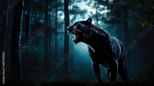 Wild Beauty: Black Panther Silhouette at Night © AIproduction