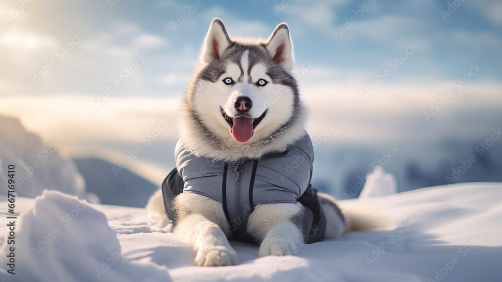 Siberian Husky wearing down jacket sitting in the snowfield