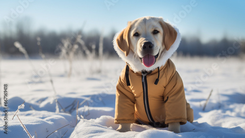 Labrador Retriever wearing down jacket sitting in the snowfield photo